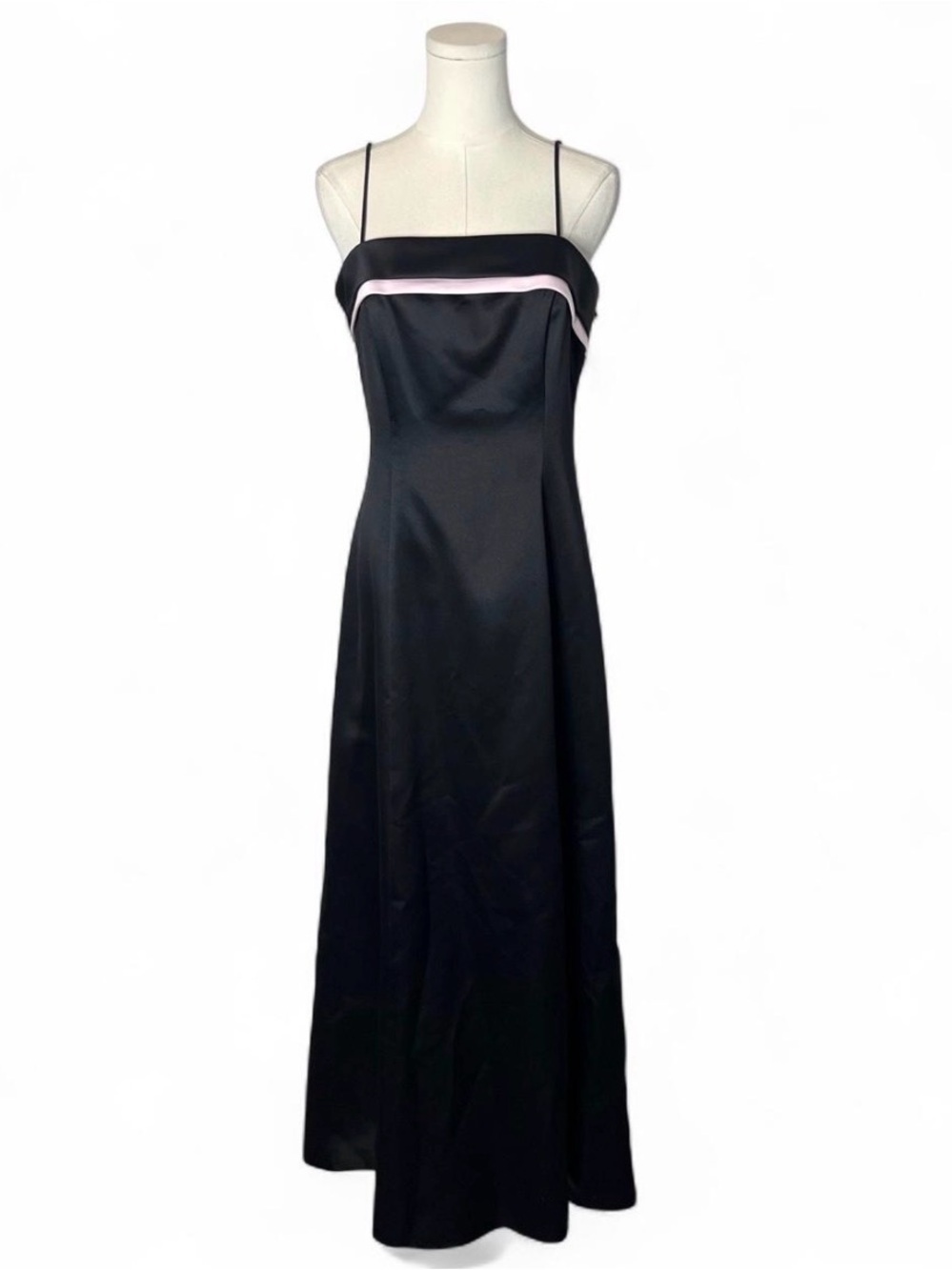 Vintage Black Satin Square Neck Layered Formal Evening Gown Dress 90s Prom